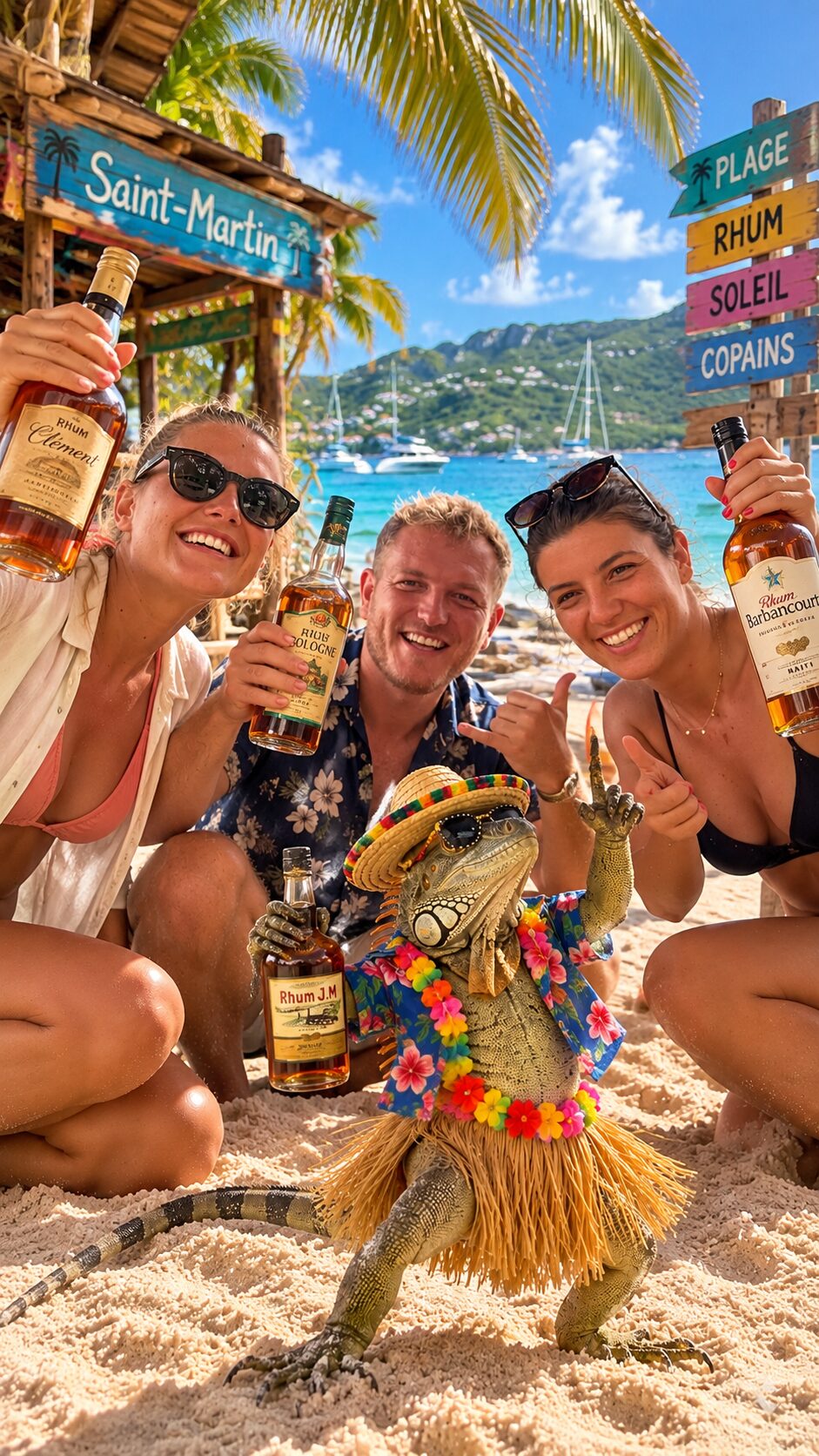 La team à Saint-Martin avec l'iguane en chemise hawaïenne