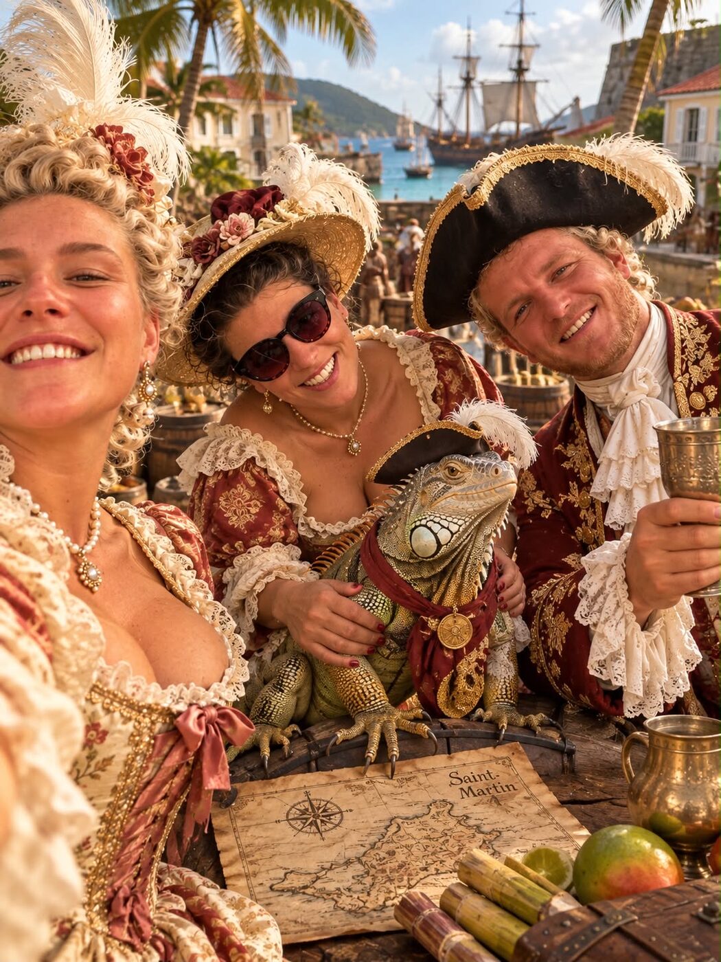 La team en costumes d'époque avec l'iguane pirate
